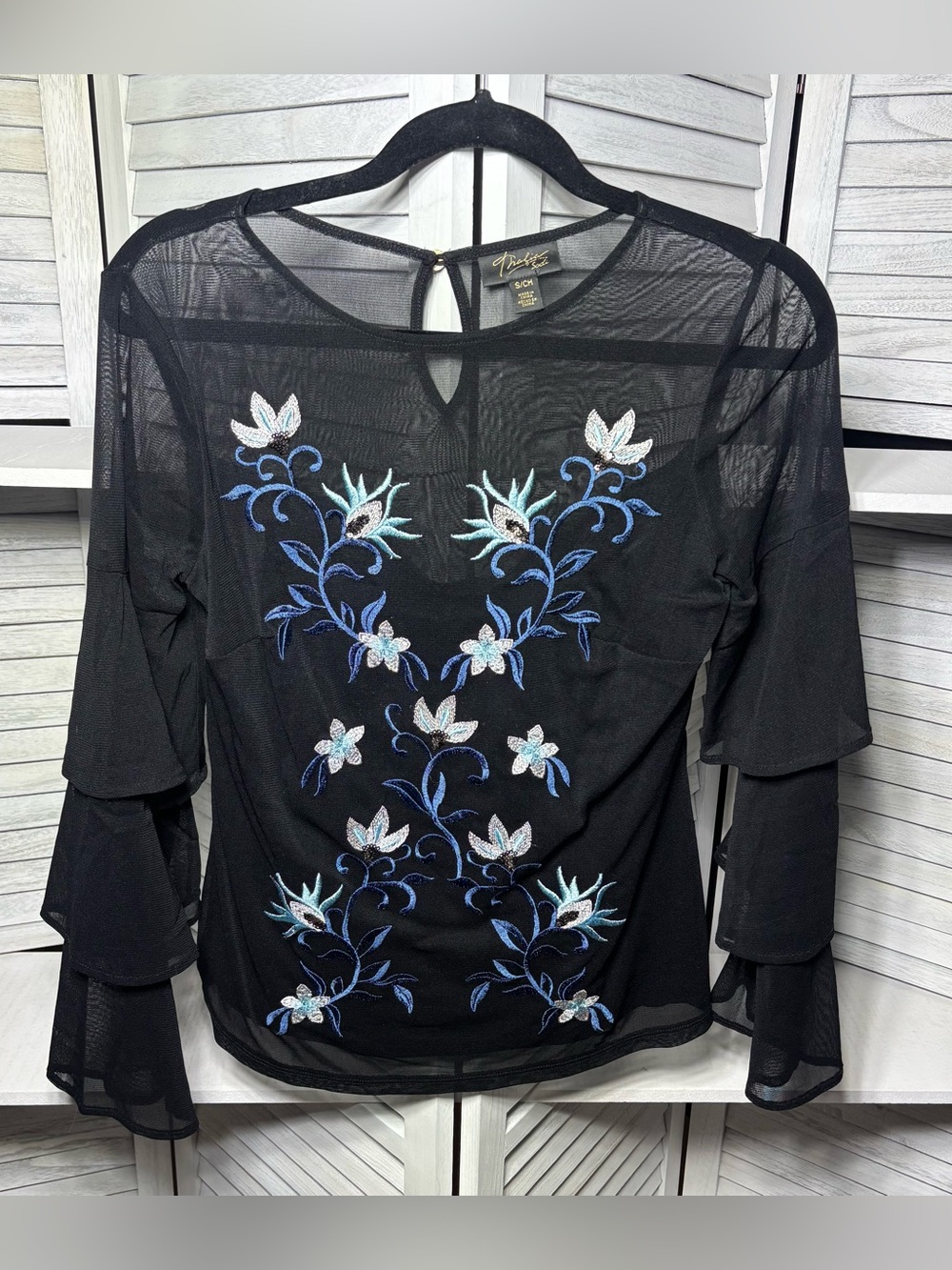 Thalia Sodi Embroidered Mesh Tiered Bell Sleeve Top Black Size Small